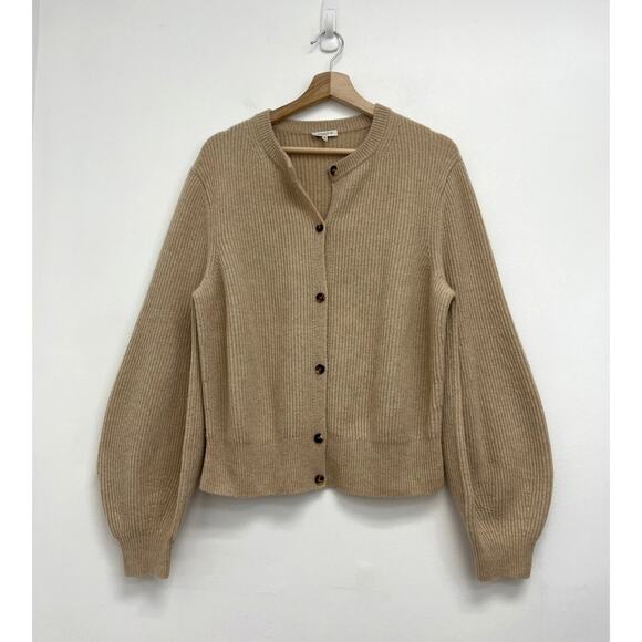 Lafayette 148 100% Cashmere Ribbed Balloon Sleeve Luxury Camel Cardigan - Large - Picture 10 of 10